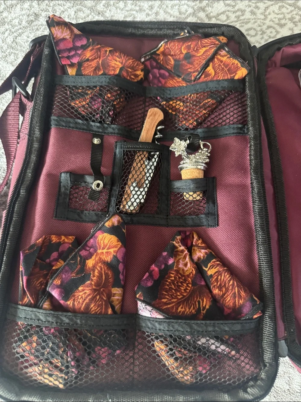 Wine Picnic Set - Burgundy Travel Case with Glasses…Holds 2 Bottles and Snacks